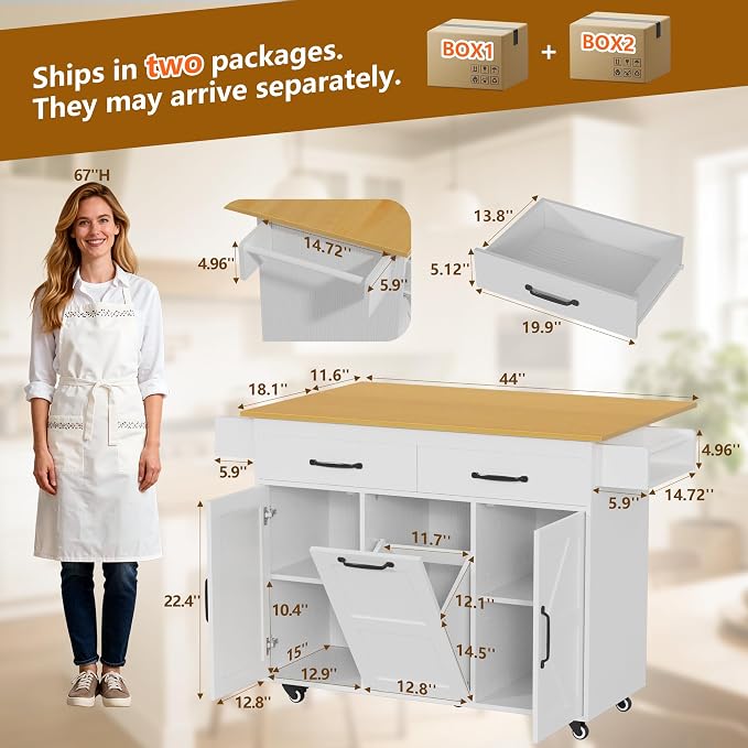 YESHOMY Kitchen Island on Wheels with Trash Cabinet, White & Brown | 56" Mobile Cart with Drop Leaf and Drawers, Rolling Portable Table with Spice Rack & Towel Holder for Dining Room