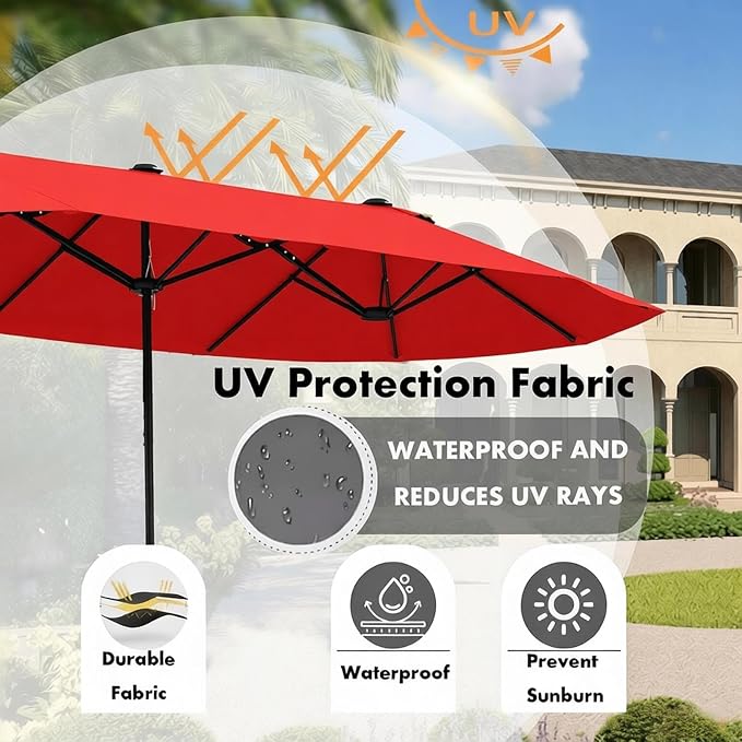 15ft Patio Umbrella Replacement Canopy for 12 Ribs, Large Outdoor Umbrella Top Cover Only, Double-Sided Fabric for Market Umbrellas, Sombrillas de Patio Repuesto (Frame NOT Included), Red