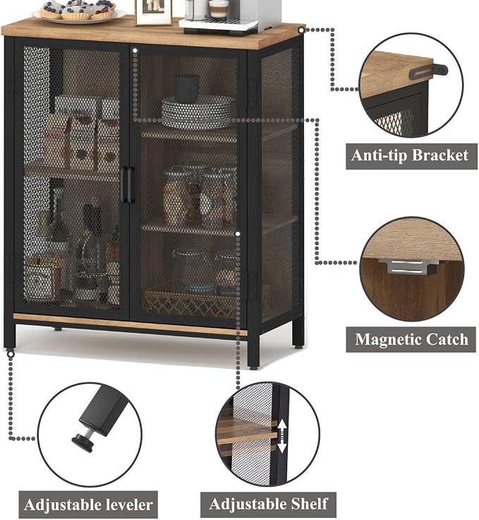 Coffee Bar Cabinet with Storage for Home Kitchen, Rustic Liquor Cabinet for Entryway, Small Industrial Buffet Sideboard Cabinets for Dining Room (Vintage Oak)