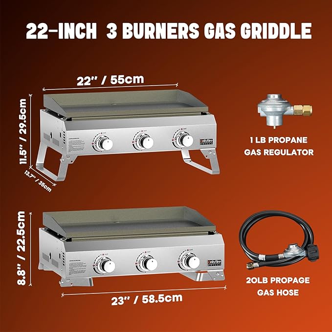 ONLYFIRE GRILLS Tabletop Gas Griddle 3 Burners, Propane Gas Stove, GS311 | Portable Flat Top Griddle for 1lb/20lb Propane, Outdoor Cooking Patio BBQ Camping Tailgating RV, Stainless Steel 24000BTU