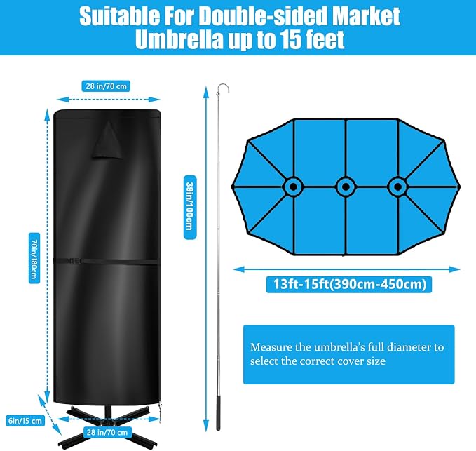 15 ft Patio Umbrella Cover Waterproof 900D, for Double-Sided Umbrellas | Umbrella Covers for Outdoor Umbrellas, 900D Oxford Fabric, Top Vent, Telescopic Pole, Zipper Closure,Hem Drawstring