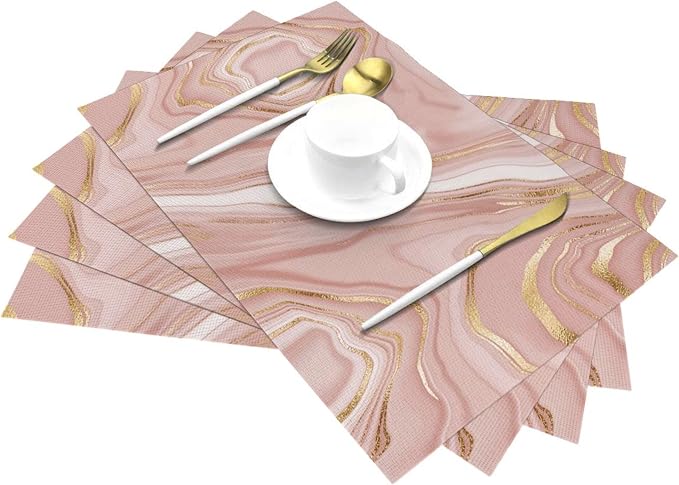 Pink Golden Marble Placemats Set of 4 Linen 12"x18" Rose Pink | Modern Decorative Place Mats Washable Kitchen Table Mats for Dining Outdoor Farmhouse Home Decor Holiday Party Dining Mat