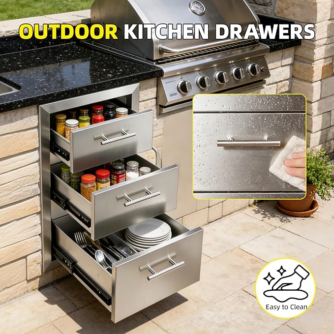Outdoor Kitchen Drawers 15" W x 25" H x 18.7" D Stainless Steel Flush Mount Modular Cabinet, with Chrome Handle for Outdoor Kitchens or BBQ Island Patio Grill Station