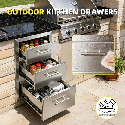 Outdoor Kitchen Drawers 15" W x 25" H x 18.7" D Stainless Steel Flush Mount Modular Cabinet, with Chrome Handle for Outdoor Kitchens or BBQ Island Patio Grill Station