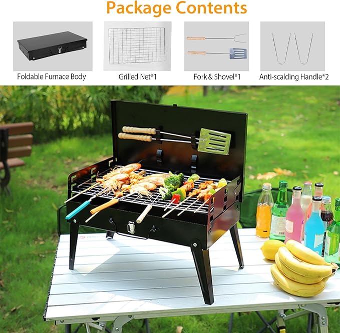 TeqHome Portable Charcoal Grill, Small BBQ Grill Outdoor Folding Barbecue Grill with Barbecue Accessories & Lid, Foldable Camping Grill for Outdoor Cooking Camp Picnic Hiking Beach Patio Smokers