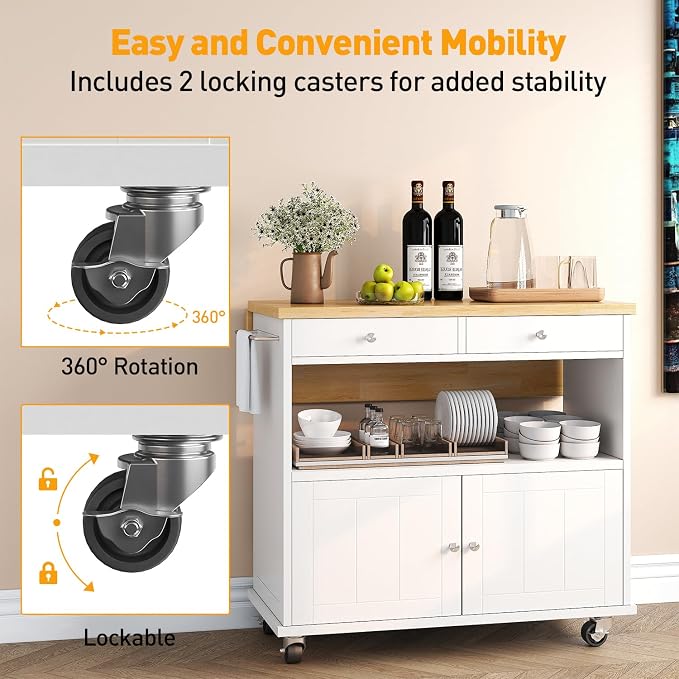Rolling Kitchen Island with Folding Drop Leaf Breakfast Bar, 35.4'' W Kitchen Cart with Storage Cabinet and 2 Drawers, Portable Mobile Kitchen Island Table with Towel Rack, Lockable Wheels, White