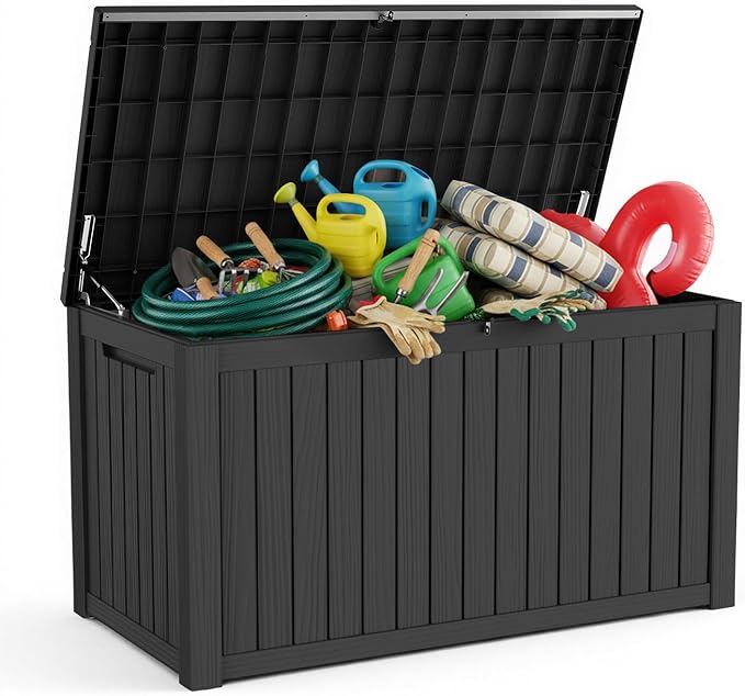 Pepe Tee Waterproof Resin Deck Box, Outdoor Storage Bin for Patio Furniture Cushions, All-Weather Garden Organizer & Seating Bench, Black