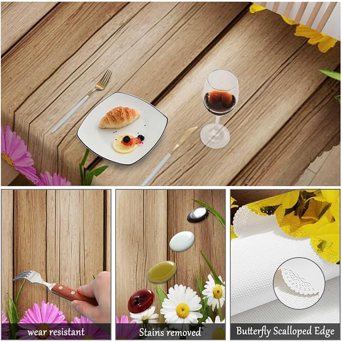 Swono Daisy Flowers Tablecloth Rustic Wooden Colorful Blossom Daisy Rectangle Table Cloth Washable Plaid Table Cover for Kitchen Holiday Dinner, 52x 70 Inch Tablecloth