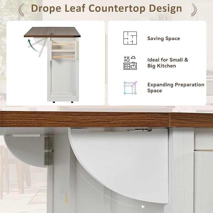 53.7" Farmhouse Kitchen Island with Power Outlet,2 Sliding Barn Door Storage w/Drop Leaf and Spice Rack Rolling Carts on Wheels & Metal Handle,for Home,Dining Room,White