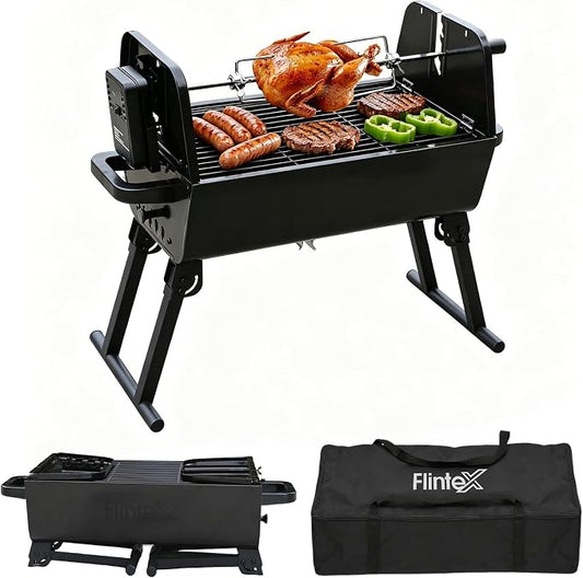 Flintex Portable Charcoal Grill with Electric Rotisserie & Waterproof Carry Bag, Folding Outdoor BBQ Grill for Camping, Backyard, Tailgating & Patio