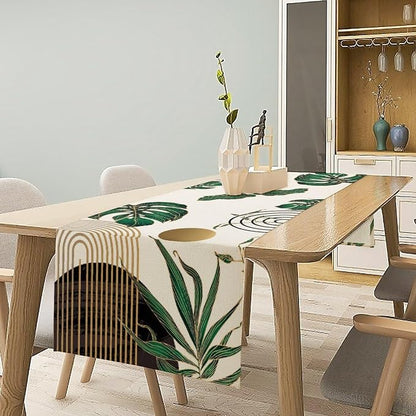 Abstract Emerald Green Table Runner Retro Boho Tropical Leaves Sun Geometric Arch Minimalisted Modern Seasonal Dinner Runner for Farmhouse Home Kitchen Holiday Party Decor 13x36in