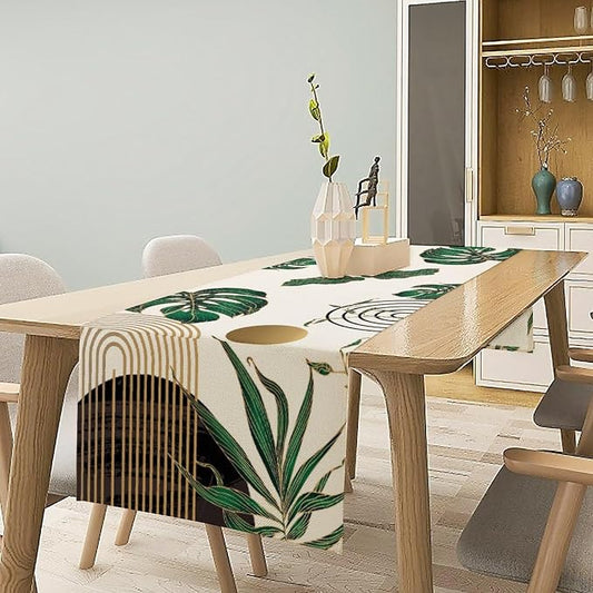 Abstract Emerald Green Table Runner Retro Boho Tropical Leaves Sun Geometric Arch Minimalisted Modern Seasonal Dinner Runner for Farmhouse Home Kitchen Holiday Party Decor 13x90in