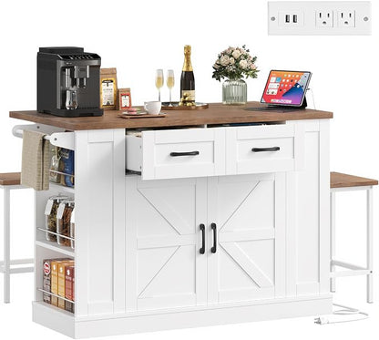 Kitchen Storage Island with 2 Stools, 51.2” Mobile Kitchen Cart with Drop Leaf & Power Outlet, Rolling Island Table Dining Room Buffet with 2 Drawers & Side Storage Rack &Towel Rack, White