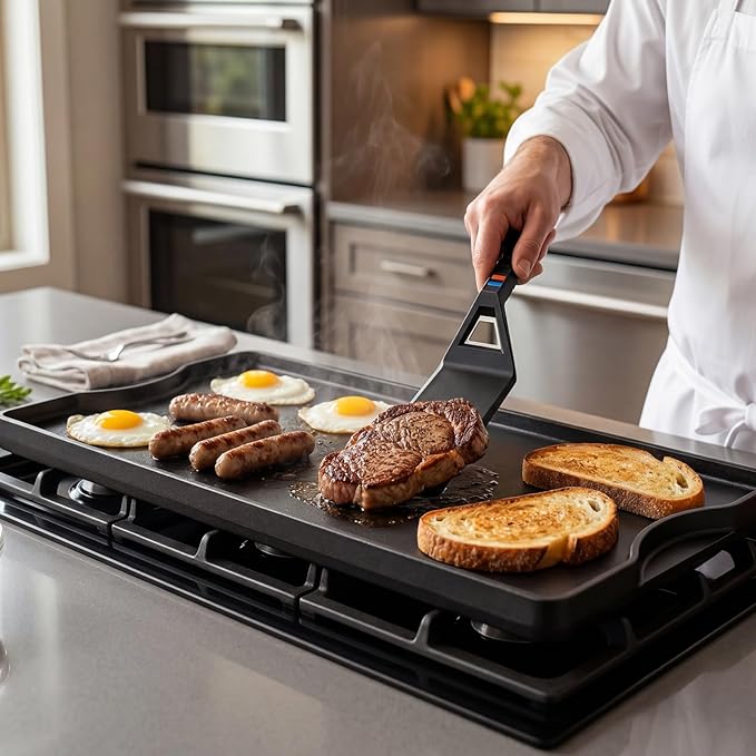Utheer Griddle Kit, 19.5" x 10.5" Reversible Cast Iron Flat Top Griddle with 5-Piece Scratch-Free Nonstick Safe Nylon Tools, Ceramic Nonstick Grill Griddle for Stove Top, Gas Grill, BBQ and Camping