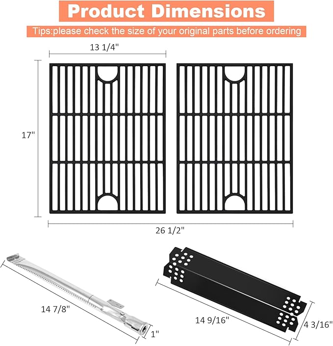 Grill Parts for Nexgrill 720-0830H 720-0830 720-0830D 720-0830T 730-0830MB 730-0830H Cast Iron 17" Cooking Grates, Porcelain Steel Heat Plates, Burner Replacement Kit for Home Depot Nexgrill 4 Burner