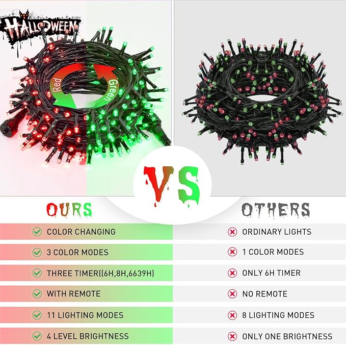 JMEXSUSS 66ft 200 LED Color Changing Christmas Lights, Red & Green | Plug in, Connectable, String Lights with Remote, Waterproof Christmas Lights for Tree Party Yard Halloween Xmas Decor