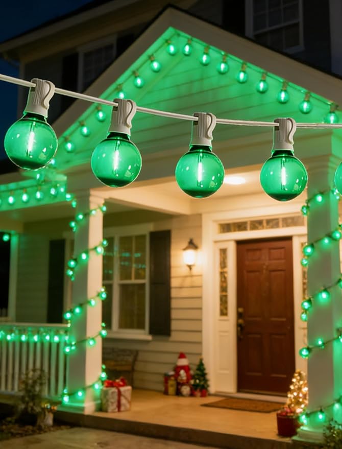 50Ft Outdoor String Lights Green Glow White Wire - Waterproof G40 LED Globe Patio Lights for St. Patrick's Day, Christmas, Garden Fence - 25 Shatterproof Bulbs, Connectable
