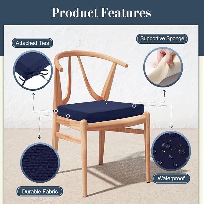 Cozyide Outdoor Chair Cushions, Waterproof Patio Seat Cushions with Adjustable Straps, Square Corner Patio Chair Cushions for Garden, Navy, 18.5x16x3 Inch (Pack of 4)