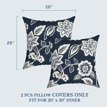 LVTXIII Outdoor Pillow Covers 20x20 Inch, 2 Pack Large Square Throw Pillow Cases, Fade-Resistant Cushion Covers for Patio Furniture Sofa, Garden Porch, Elegant Vines Navy