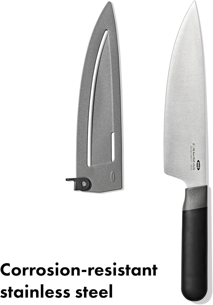 OXO Good Grips 8 in Chef’s Knife with Locking Sheath, Sharp Stainless Steel Kitchen Knife for Chopping, Dicing, and Mincing Herbs and Meat, Cooking Essential with Protective Cover