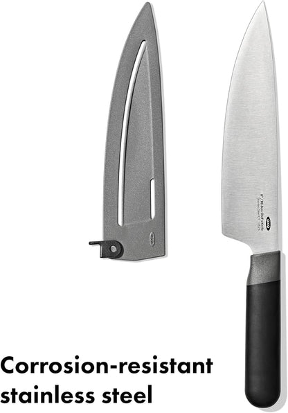 OXO Good Grips 8 in Chef’s Knife with Locking Sheath, Sharp Stainless Steel Kitchen Knife for Chopping, Dicing, and Mincing Herbs and Meat, Cooking Essential with Protective Cover