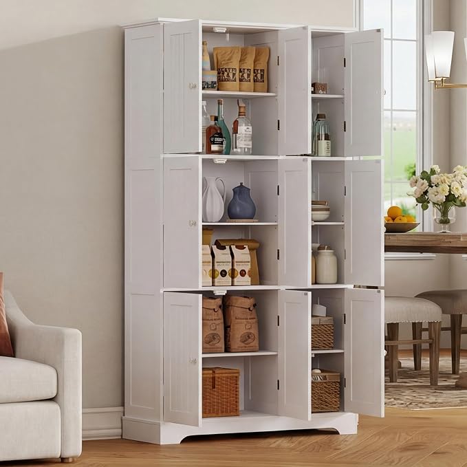 ChooChoo 63.2" Tall Bathroom Storage Cabinet with 9 Doors | Narrow Floor Cabinet, Adjustable Shelves, Slim Pantry Cabinet for Bathroom, Kitchen, Laundry Room, White