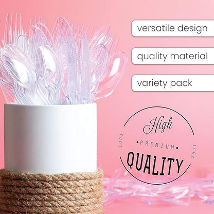 PARTY BARGAINS Disposable Cutlery Set 120-Piece – Sapphire Settings Clear Plastic Forks Spoons Knives – Heavy-Duty Utensils for Parties Catering Weddings & Events – BPA Free