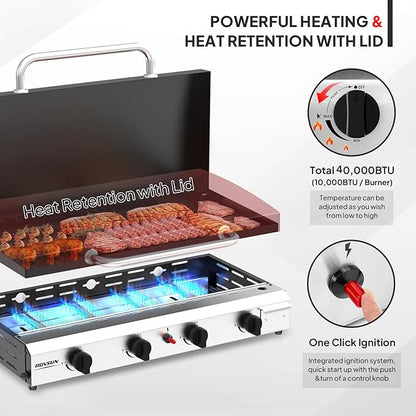 ROVSUN 4 Burner Portable Propane Griddle with Electronic Ignition, 40000 BTU Rolling Flat Top Gas Grill with Enameled Tray & Lid, Side Shelves & Regulator for Outdoor Cooking Camping BBQ Tailgating