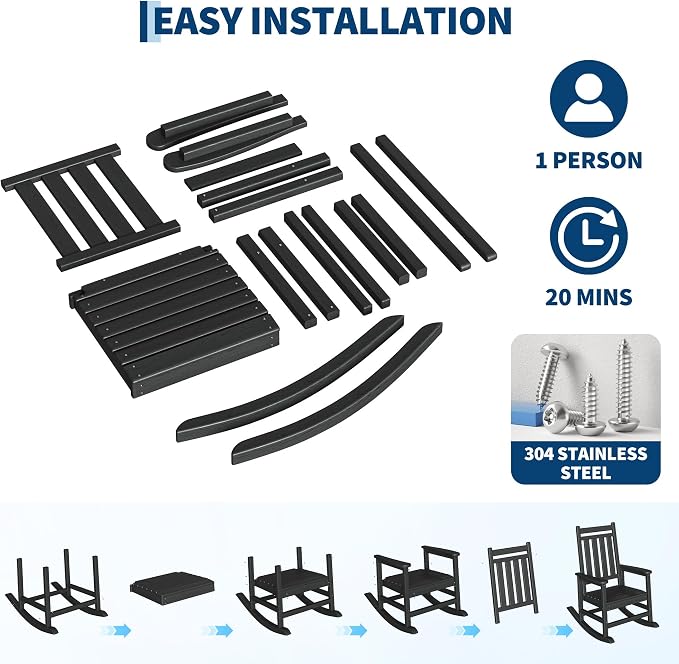 Garvee HDPE Rocking Chair Outdoor Set of 4 with 2 Side Table - Poly High Back Porch Rocker Chairs for Adults - All Weather Resistant Furniture for Patio Front Porch - Black