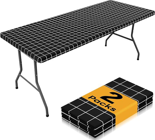 Smiry 2 Pack Rectangle Table Cloth 4 Foot, Waterproof Elastic Fitted Tablecloths, Windproof Washable Polyester Table Cover for Picnic, Camping, Outdoor (Black & White, 24"x48")