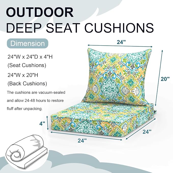 DYTXIII Outdoor Deep Seat Cushion Set, Water Repellent 24"x24" Patio Thick Cushions Replacement with Seat & Back Pillow for Patio Sofa, Wicker Chair, Couch - Damask Green