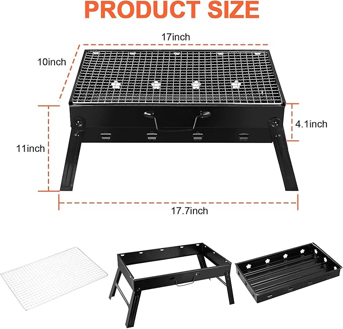 TeqHome Portable Charcoal Grill, Small BBQ Grill Compact Foldable Barbecue Grill, Outdoor Folding Camping Kabob Grill Tabletop Mini Smoker for Travel Outdoor Cooking Backyard Picnic Patio 17"x10"
