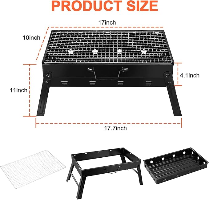 Moclever Folding Portable Charcoal Grill – Stainless Steel Mini BBQ Grill for Outdoor Cooking, Camping, Picnics, Beach, Tailgating, Compact & Easy to Carry