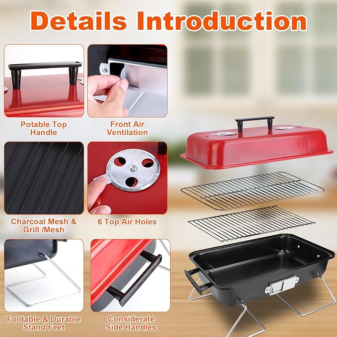 Portable Charcoal Grill,Small Camping Charcoal Grills,Outdoor Tabletop Grill,Mini Portable Barbecue Grill with Lid for Outdoor Camping Backyard Garden Cooking Picnic