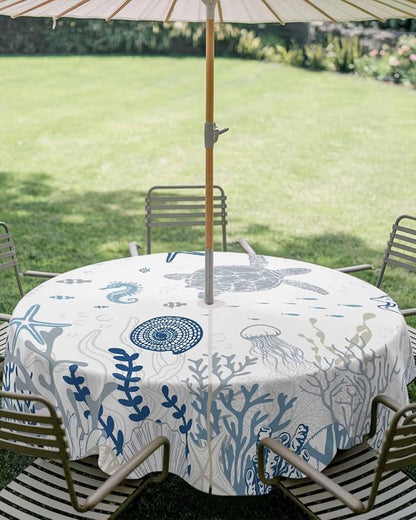 Blue Coastal Outdoor Tablecloth - 54 Inch Round Waterproof Dining Table Cover, Nautical Summer Beach Sea Turtle Coral Outdoor Table Cloth with Umbrella Hole & Zipper for Picnic/Patio/Party