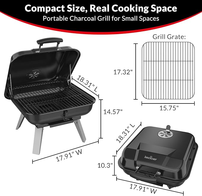 Portable Charcoal Grill, Small Charcoal Grill, Tabletop BBQ Grill, Foldable Camping Grill, Outdoor Grill for Picnic, Tailgating, Travel, Porcelain-Enamel Grates, Adjustable Air Vent