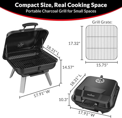Portable Charcoal Grill, Small Charcoal Grill, Tabletop BBQ Grill, Foldable Camping Grill, Outdoor Grill for Picnic, Tailgating, Travel, Porcelain-Enamel Grates, Adjustable Air Vent