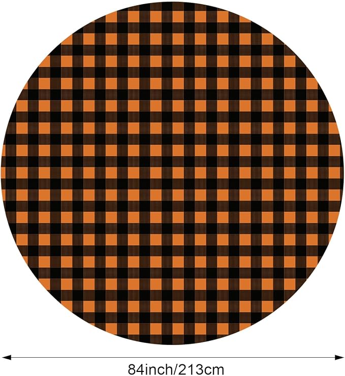 Disposable Checkered Tablecloth Round Plastic Buffalo Plaid Table Cloth 84'' Gingham Tablecover for Picnic Camping BBQ Graduation Party (Orange Black,6 Pieces)