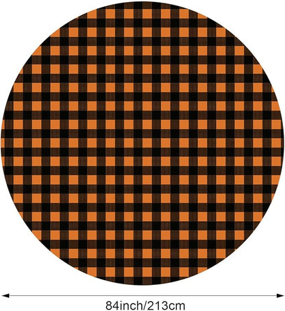 Disposable Checkered Tablecloth Round Plastic Buffalo Plaid Table Cloth 84'' Gingham Tablecover for Picnic Camping BBQ Graduation Party (Orange Black,6 Pieces)