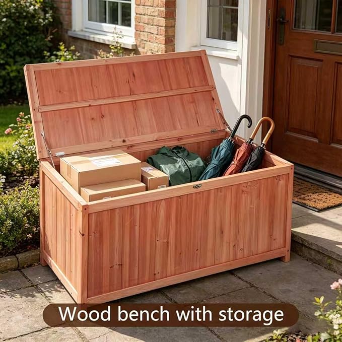 75 Gallon Wood Deck Box,Outdoor Storage Bench Container for Patio Furniture Cushions, Pillows, Garden Tools,Pool Accessories (Wood)