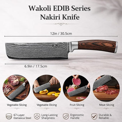 Wakoli EDIB Damascus Nakiri Knife – 6.9" Vegetable Knife with VG10 Core, Professional Kitchen Cutting Tool made of 67-Layer Damascus Steel & Ergonomic Pakkawood Handle