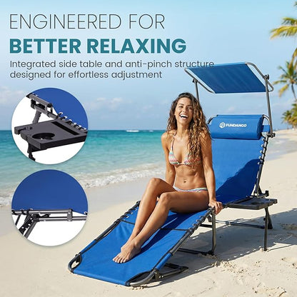 FUNDANGO 400lbs Tanning Chair with Face Hole & Canopy & Side Table, 5 Positions Beach Sunbathing Lounge Chair Facedown Chaise Lounge with Pillow for Pool Outdoor Camping Patio, Set of 2 Blue