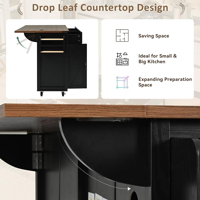 53.5''Farmhouse Kitchen Island with Power Outlet,Storage Cart W/Drop Leaf/Spice Rack/Drawer,Rolling KitchenCart on Wheels,for Home,Dining Room,Black