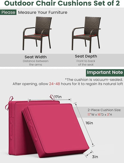Outdoor Chair Cushion 17 x 16 x 3 Inches Patio Furniture Outdoor Waterproof Seat Cushion, Patio Chair Cushion with Handles and Ties, Square Dining Chair Cushion Set of 2, Pink