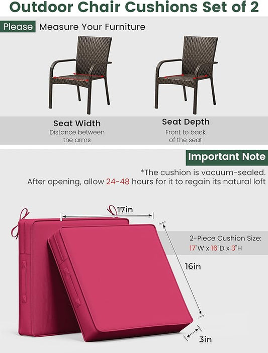 Outdoor Chair Cushion 17 x 16 x 3 Inches Patio Furniture Outdoor Waterproof Seat Cushion, Patio Chair Cushion with Handles and Ties, Square Dining Chair Cushion Set of 2, Pink