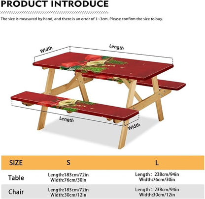 Christmas Elastic Fitted Table Cloth for Camping Party Christmas Bells Picnic Table Cover with Bench Covers 3 PCS for Outdoors