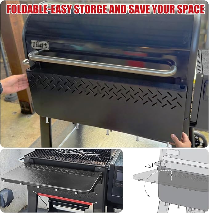DELSbbq Folding Front Shelf for Weber Searwood 600 XL Pellet Grills, Heavy-Duty Steel Table, Foldable Prep & Storage Station for Weber Searwood 600 XL Accessories