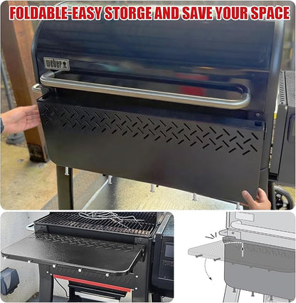 DELSbbq Folding Front Shelf for Weber Searwood 600 XL Pellet Grills, Heavy-Duty Steel Table, Foldable Prep & Storage Station for Weber Searwood 600 XL Accessories