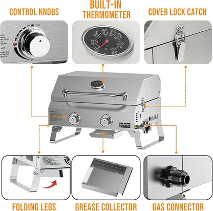ONLYFIRE GRILLS Tabletop Gas Grill 2 Burners, 20" Portable Propane Grill with Foldable Legs for Outdoor Patio Backyard Camping Tailgating RV Trip Beach, Stainless Steel Gas Stove 16000BTU, GS322