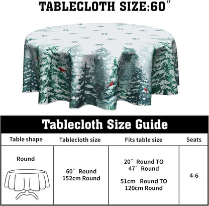Sweetshow Winter Green Pine Tree Table Cloth Round Xmas Red Cardinal Bird Snowflake Tablecloth 70 Inch Decor Washable Stain and Wrinkle Resistant Winter Round Table Cover for Dining Picnic